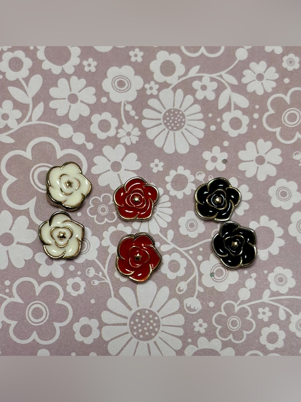 Trio of Rose Flower Earrings in Cream, Red & Black